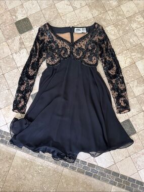 Niteline Black Beaded Long Sleeve A-Line Cocktail Dress